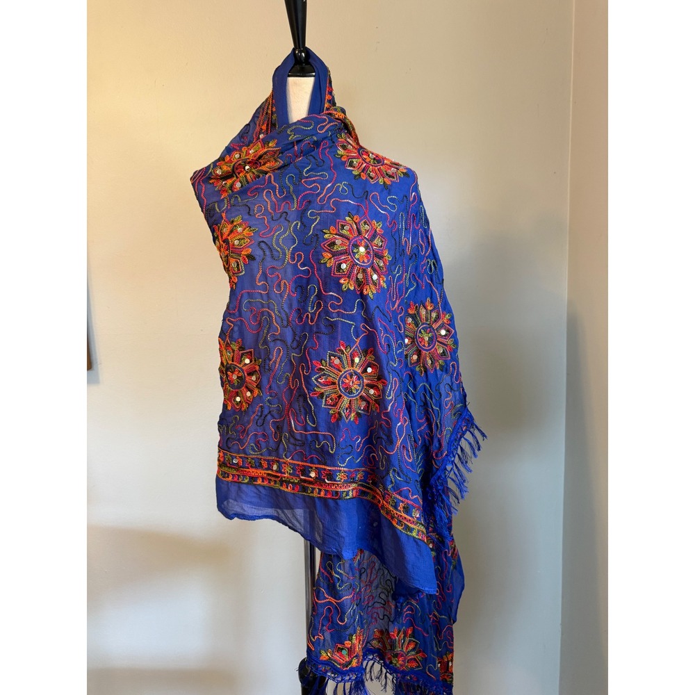 Blue Embroidered Phulkari Scarf Mirror Shisha Dupatta Shawl Boho Floral whimsi r